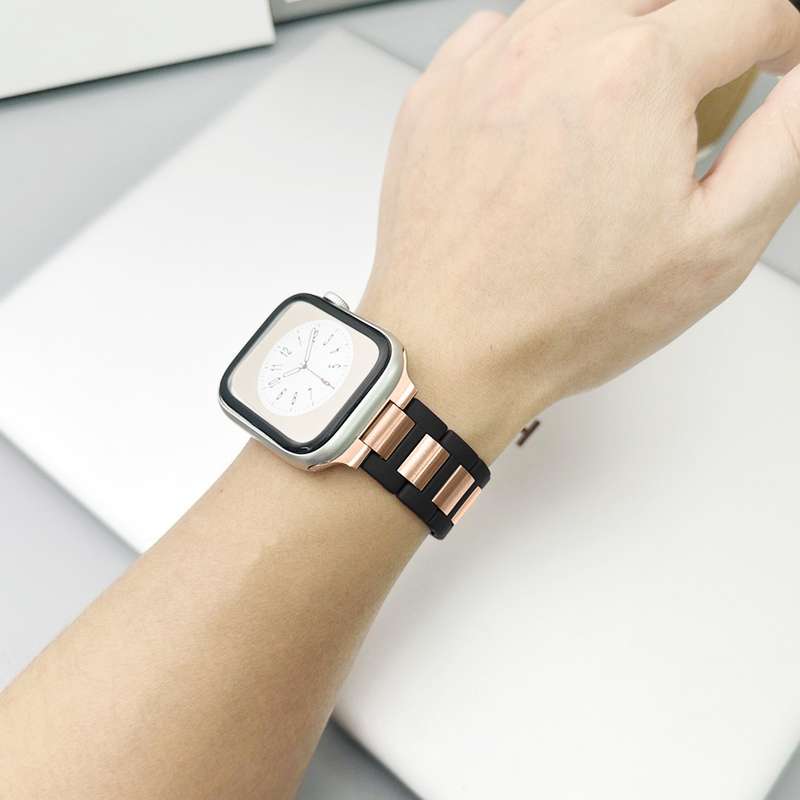 For Apple Watch Ultra 2 49mm Rubber Stainless Steel Magnetic Watch Band(Black+Rose Gold)