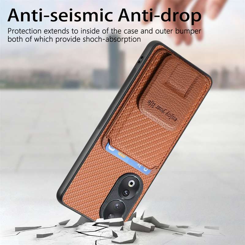 For Honor 90 Carbon Fiber Card Bag Fold Stand Phone Case(Khaki)