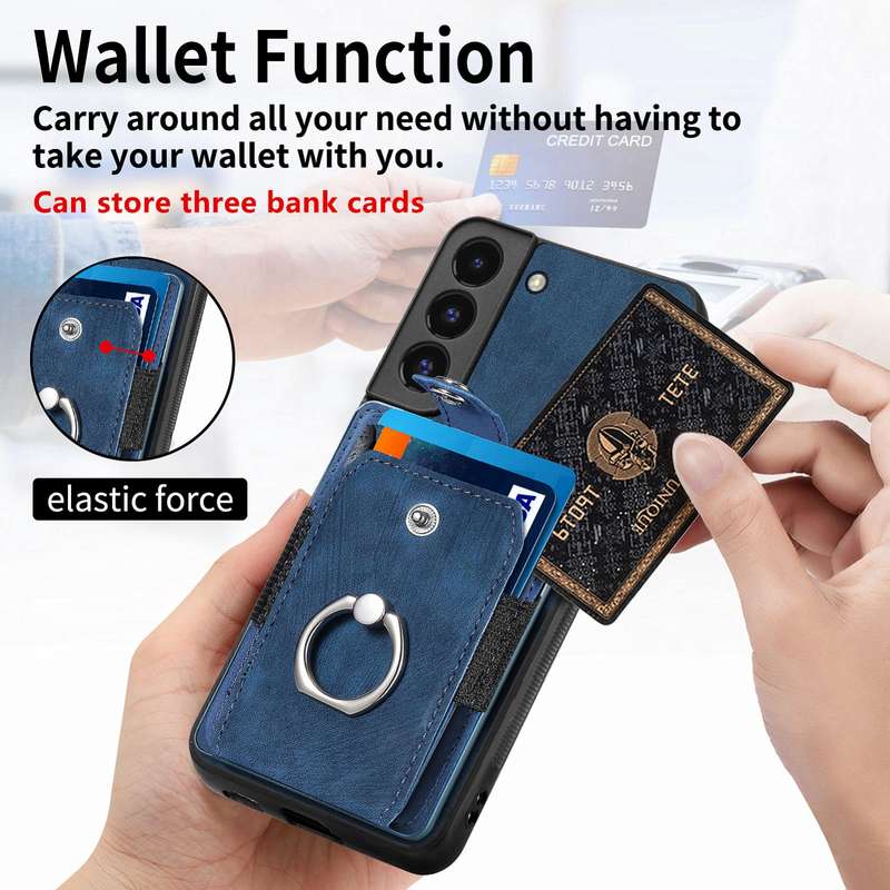 For Samsung Galaxy S22 5G Retro Skin-feel Ring Card Wallet Phone Case(Blue)