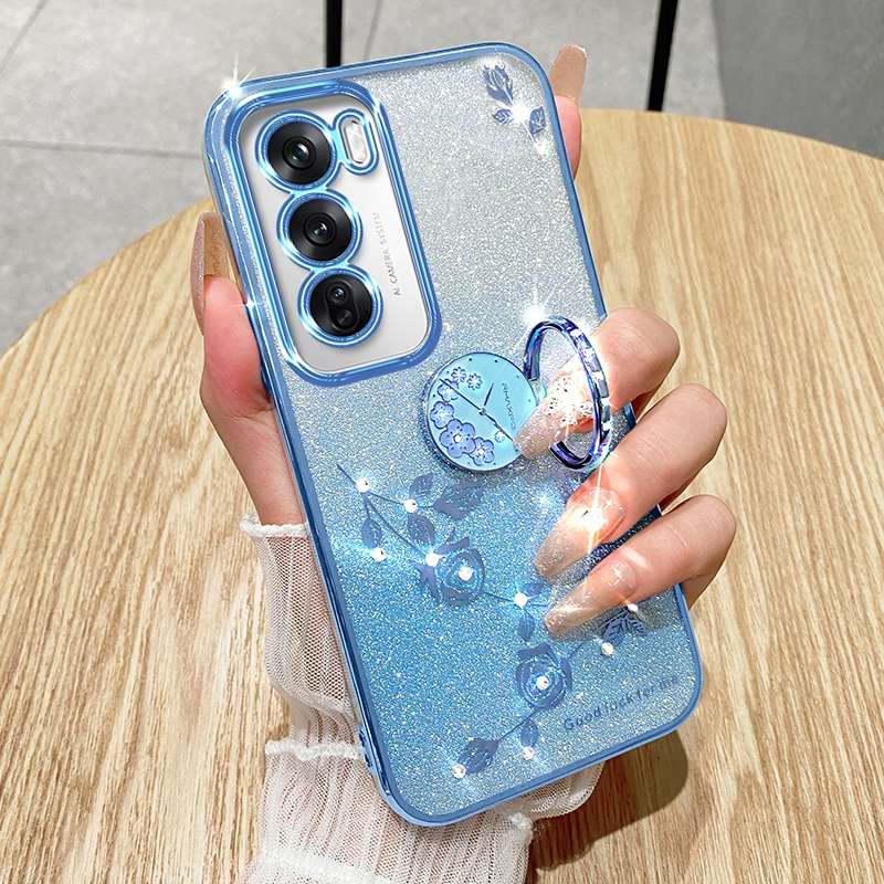 For OPPO Reno12 Global Gradient Glitter Immortal Flower Ring All-inclusive Phone Case(Blue)