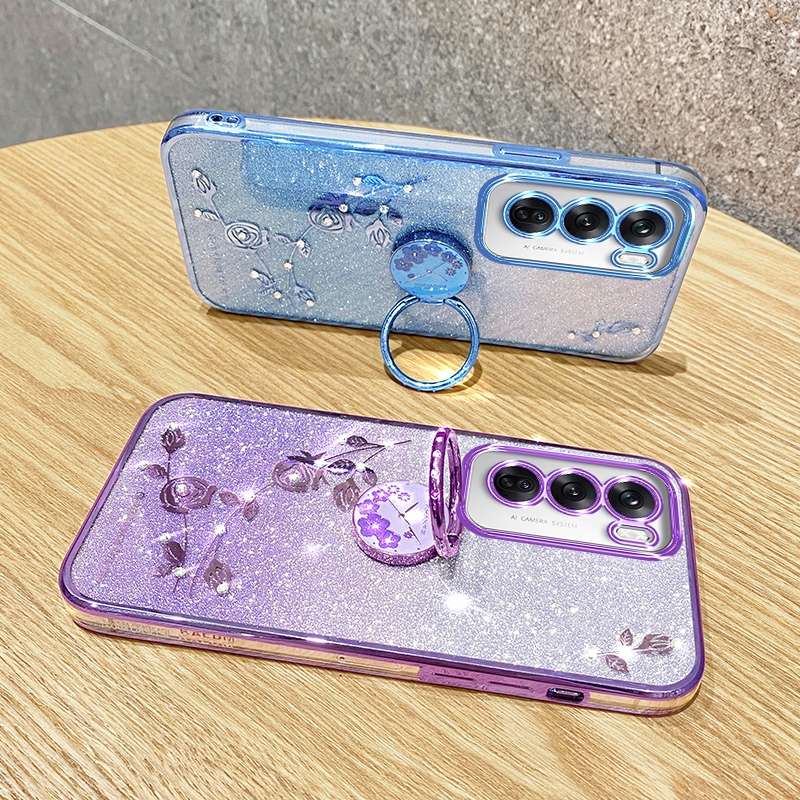 For OPPO Reno12 Global Gradient Glitter Immortal Flower Ring All-inclusive Phone Case(Blue)
