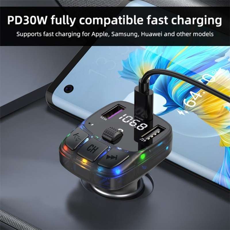 C57 PD Type-C + Dual USB Car Charger Colorful Light Car Bluetooth Adapter FM Transmitter