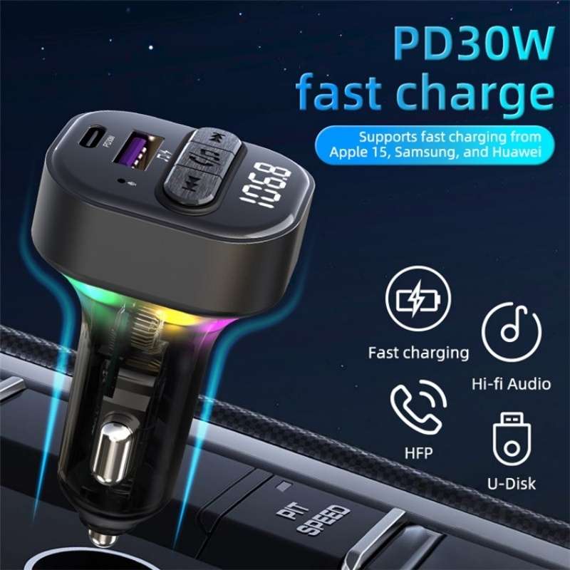 C50 Type-C + USB Car Charger Colorful Light Car Bluetooth Adapter FM Transmitter MP3 Player