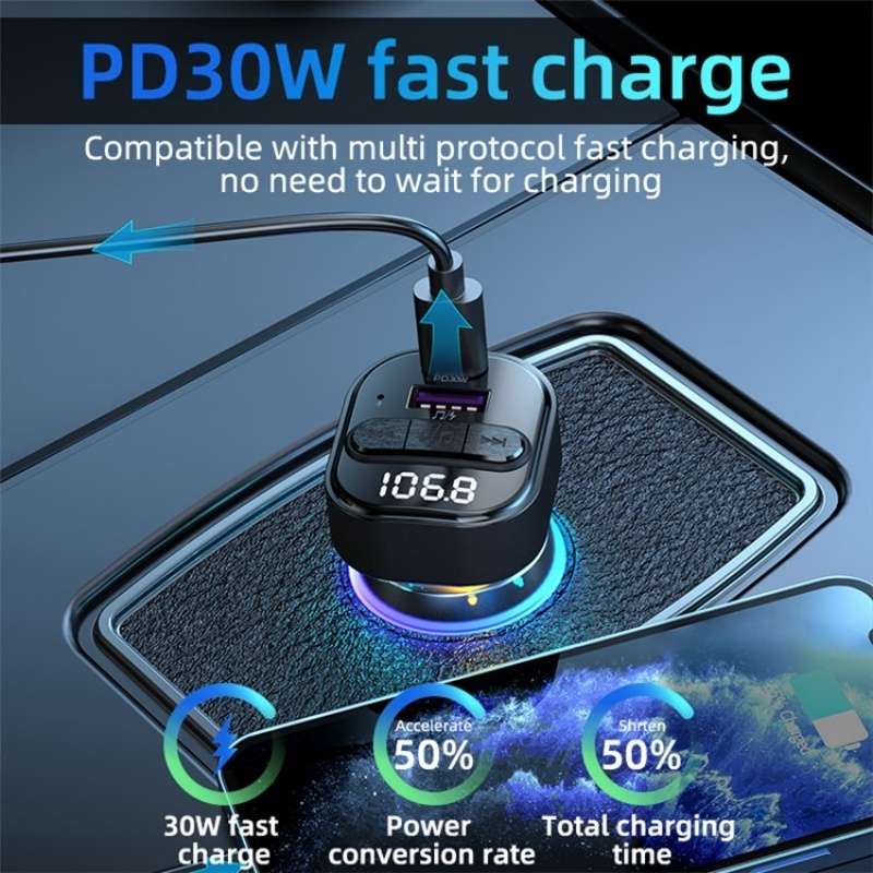 C50 Type-C + USB Car Charger Colorful Light Car Bluetooth Adapter FM Transmitter MP3 Player