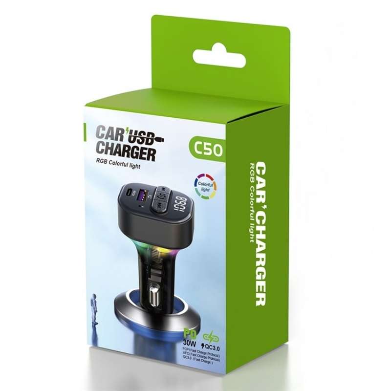 C50 Type-C + USB Car Charger Colorful Light Car Bluetooth Adapter FM Transmitter MP3 Player