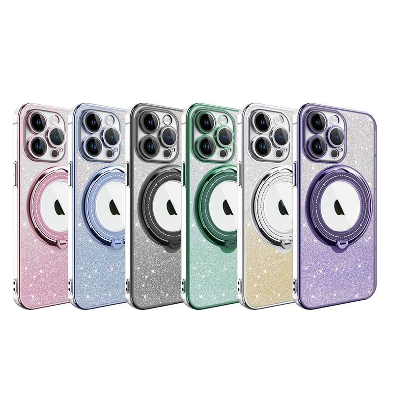 For iPhone 12 Pro Max Rotation MagSafe Holder Gradient Glitter TPU Phone Case(Pink)