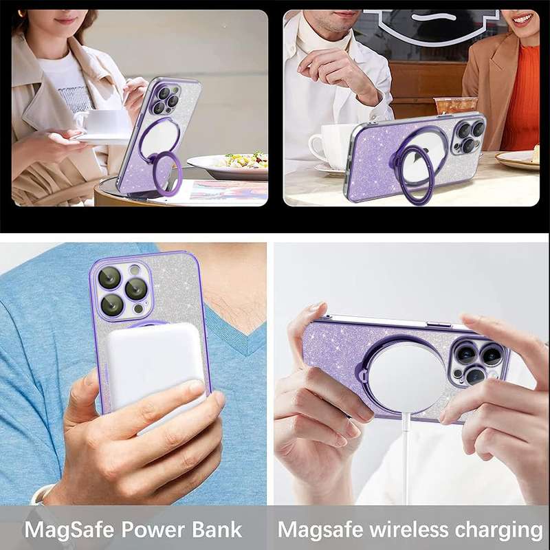 For iPhone 12 Pro Max Rotation MagSafe Holder Gradient Glitter TPU Phone Case(Pink)