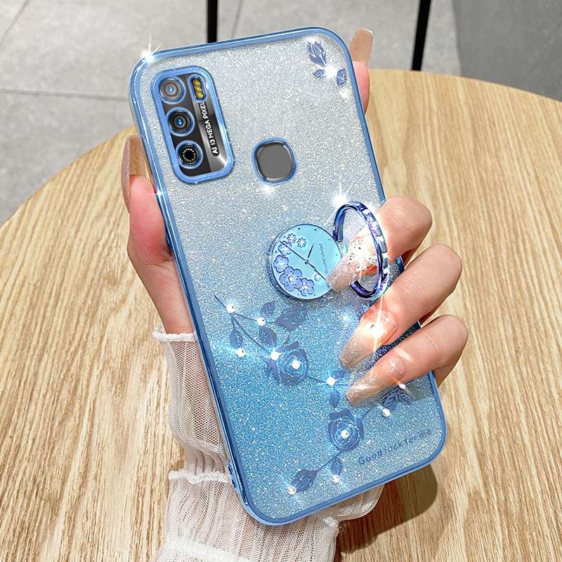 For Infinix Hot 9 Play Gradient Glitter Immortal Flower Ring All-inclusive Phone Case(Pink)