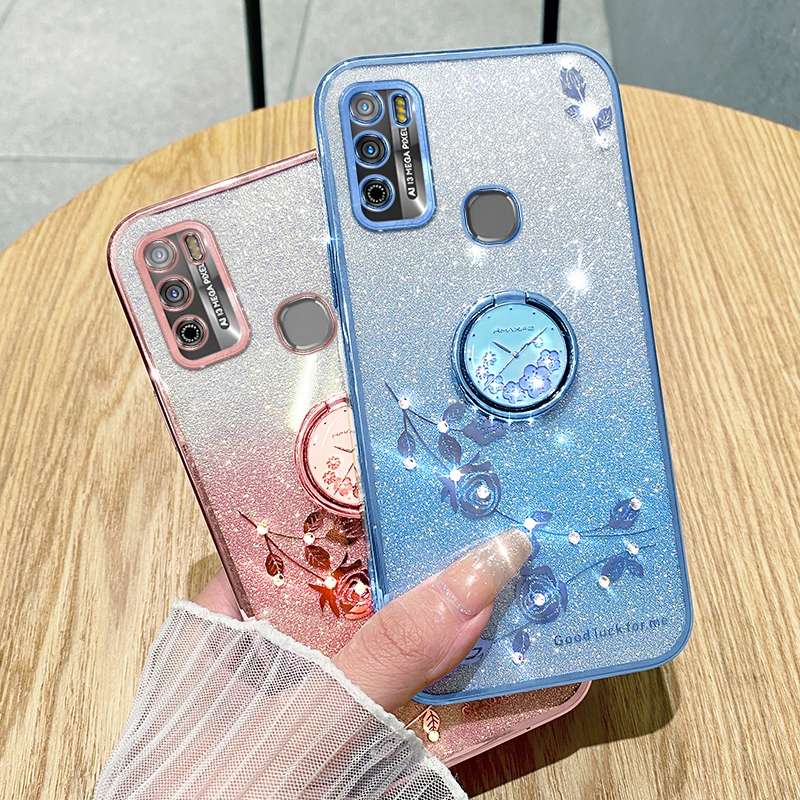 For Infinix Hot 9 Play Gradient Glitter Immortal Flower Ring All-inclusive Phone Case(Pink)