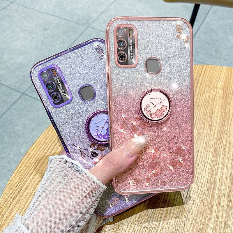 For Infinix Hot 9 Play Gradient Glitter Immortal Flower Ring All-inclusive Phone Case(Pink)