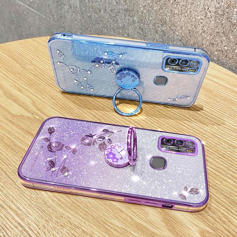 For Infinix Hot 9 Play Gradient Glitter Immortal Flower Ring All-inclusive Phone Case(Pink)