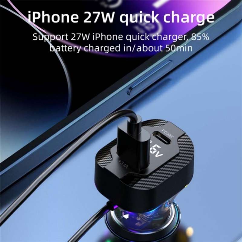 YQ7 Voltage Display PD 30W Fast Charging 2 x Type-C + 3 x USB Car Charger with 1.5m Extension Cable