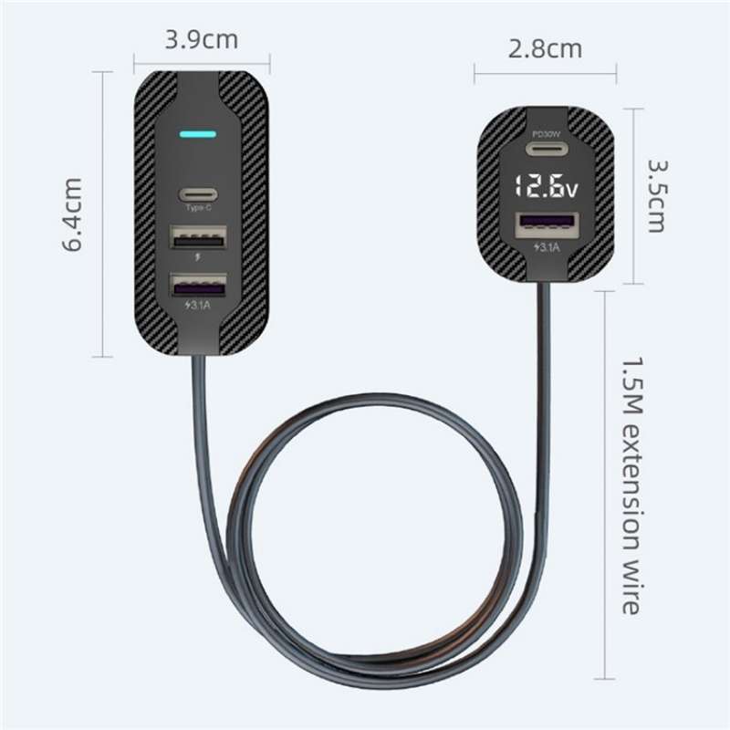 YQ7 Voltage Display PD 30W Fast Charging 2 x Type-C + 3 x USB Car Charger with 1.5m Extension Cable
