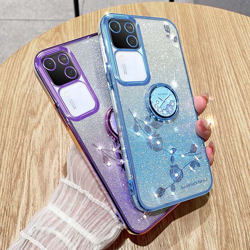 For vivo S18 Gradient Glitter Immortal Flower Ring All-inclusive Phone Case(Bule)