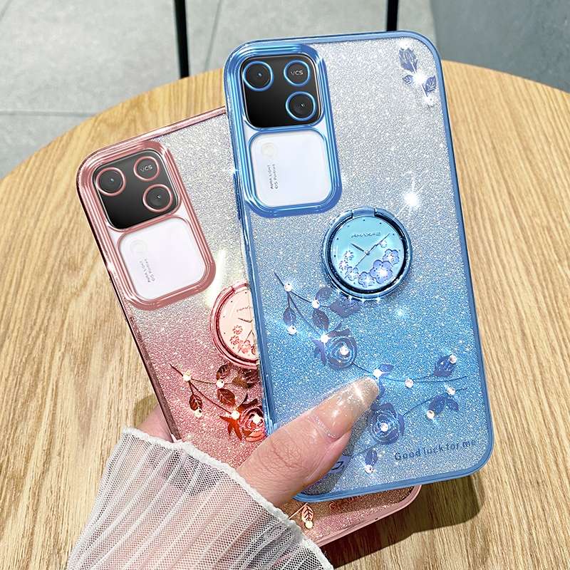 For vivo S18 Gradient Glitter Immortal Flower Ring All-inclusive Phone Case(Bule)