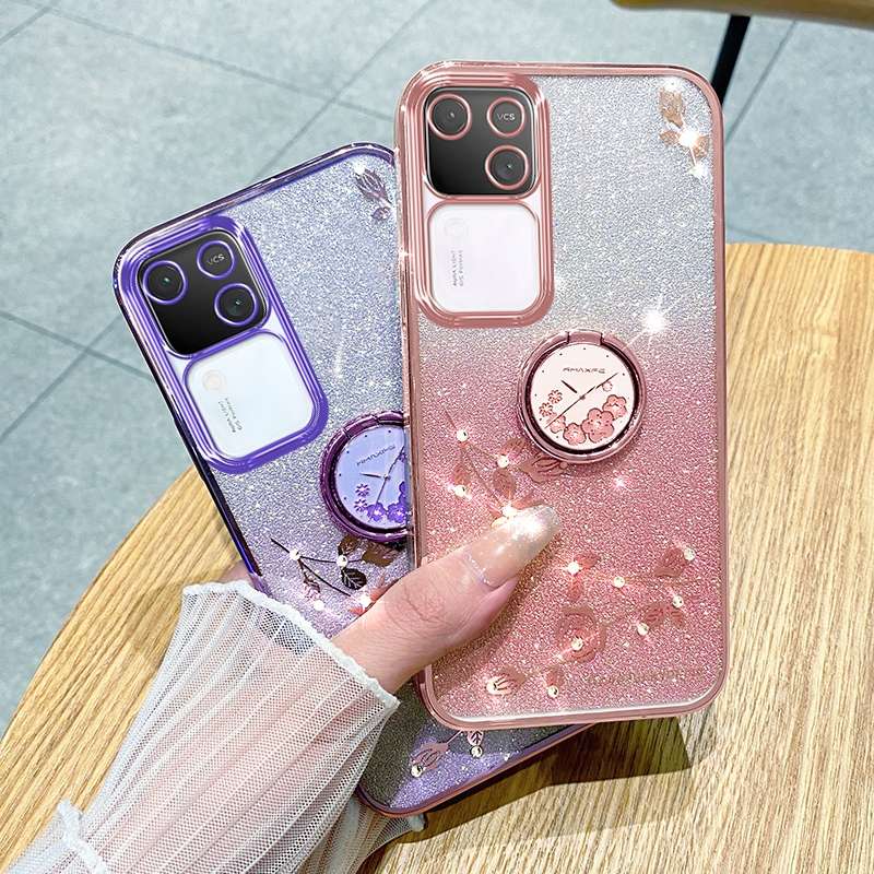 For vivo S18 Gradient Glitter Immortal Flower Ring All-inclusive Phone Case(Bule)