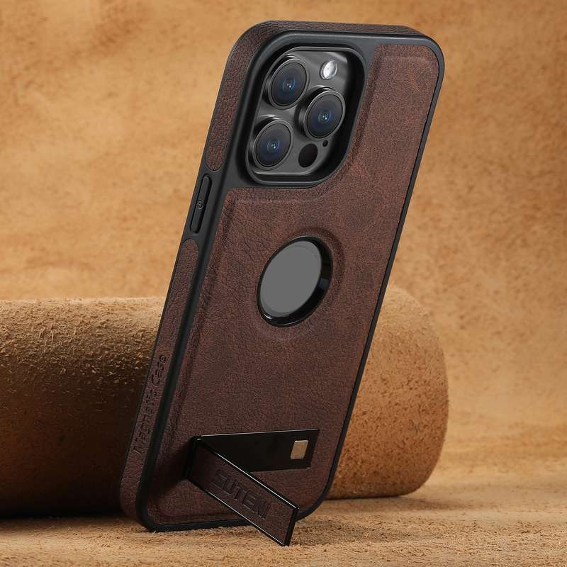 For iPhone 15 Pro Max Suteni G2 Magsafe Litchi Texture Leather Back Phone Case with Holder(Brow