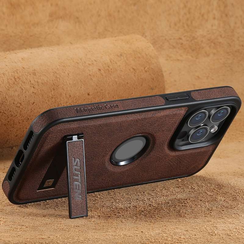 For iPhone 15 Pro Max Suteni G2 Magsafe Litchi Texture Leather Back Phone Case with Holder(Brow