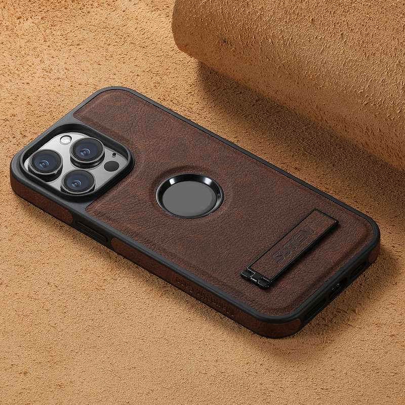 For iPhone 15 Pro Max Suteni G2 Magsafe Litchi Texture Leather Back Phone Case with Holder(Brow