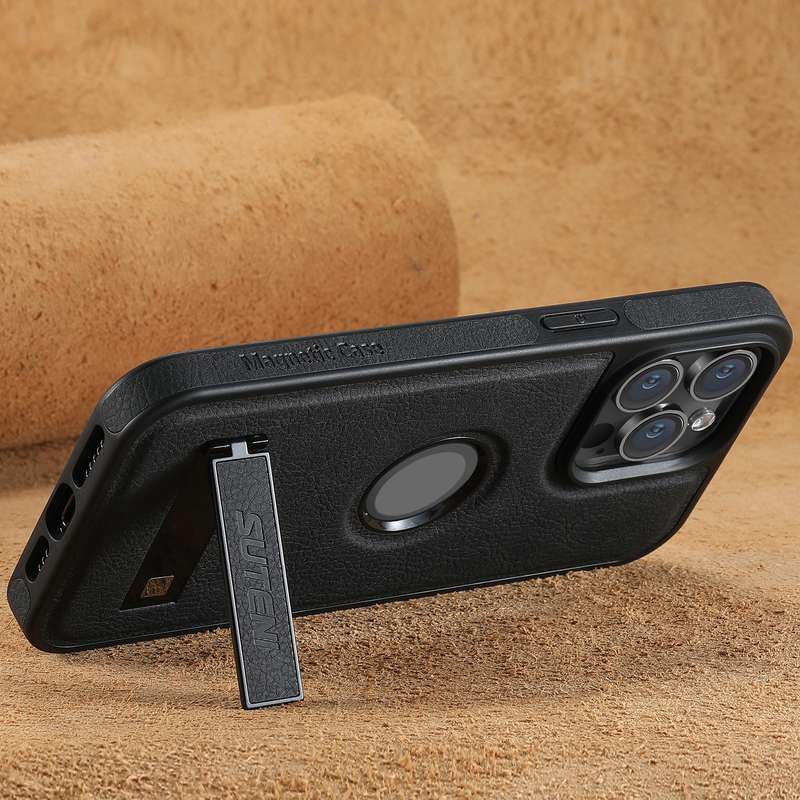 For iPhone 14 Plus Suteni G2 Magsafe Litchi Texture Leather Back Phone Case with Holder(Black)