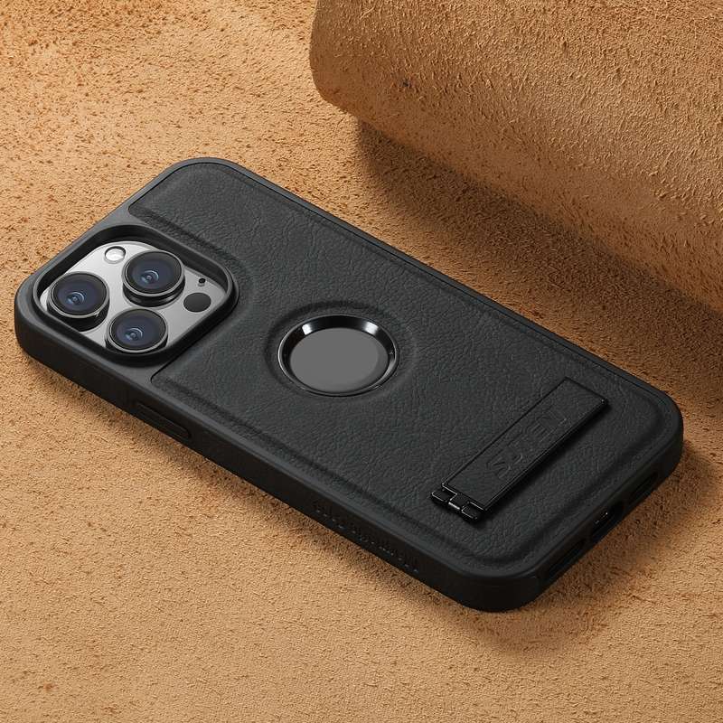 For iPhone 14 Plus Suteni G2 Magsafe Litchi Texture Leather Back Phone Case with Holder(Black)