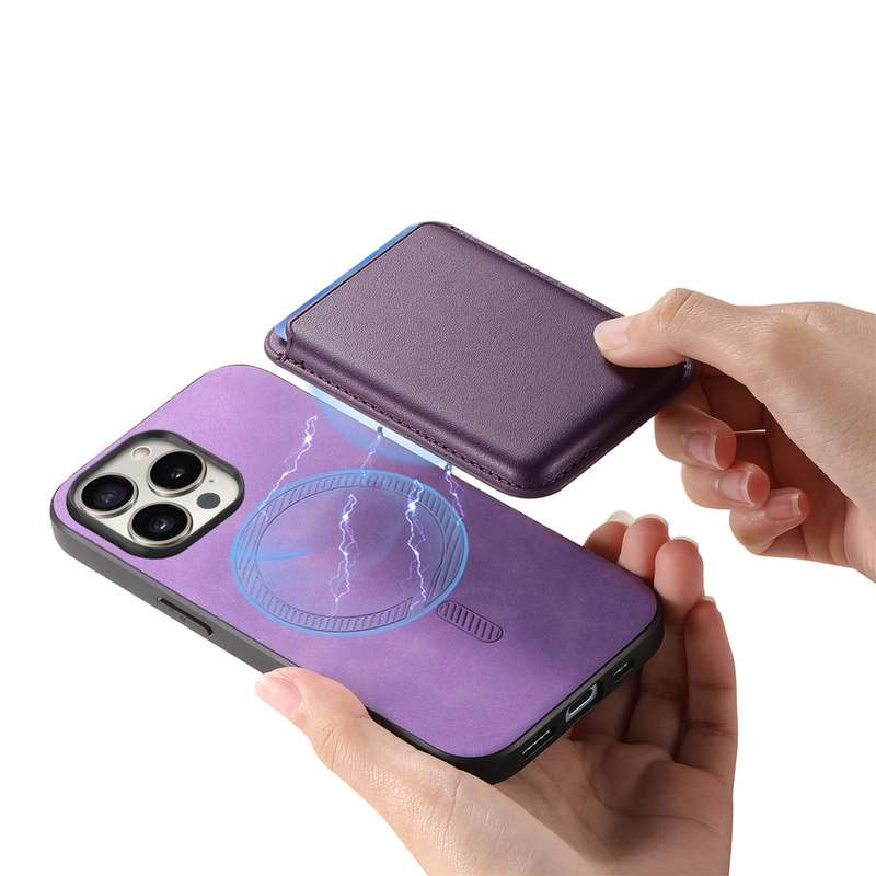 For iPhone 14 Retro Magsafe Card Bag PU Back Cover Phone Case(Purple)