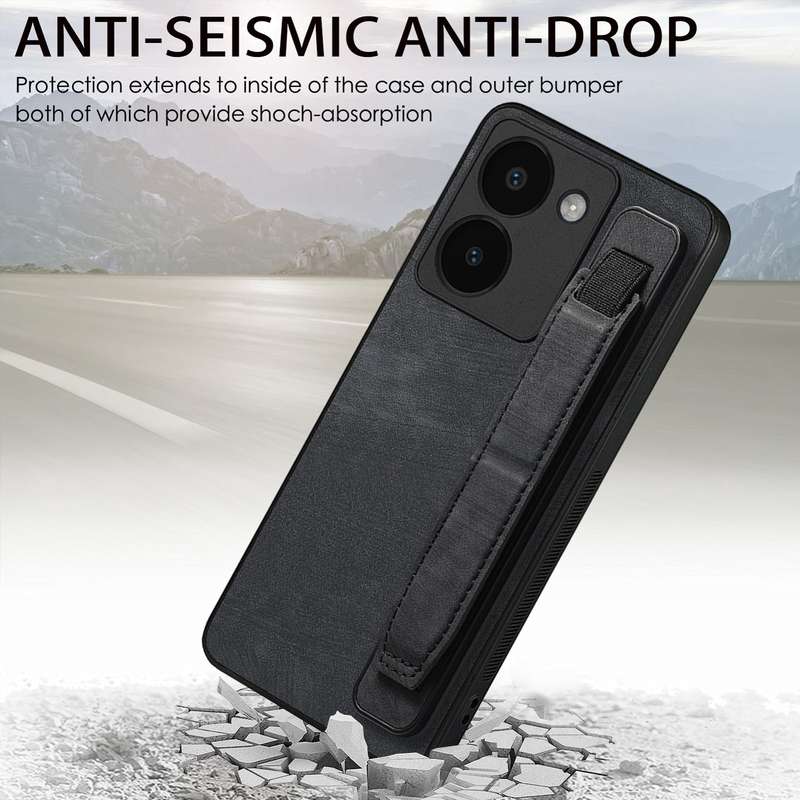For vivo Y02S Retro Wristband Holder Leather Back Phone Case(Black)