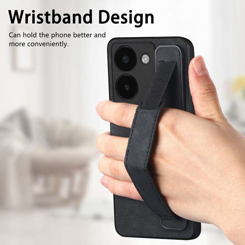 For vivo Y02S Retro Wristband Holder Leather Back Phone Case(Black)
