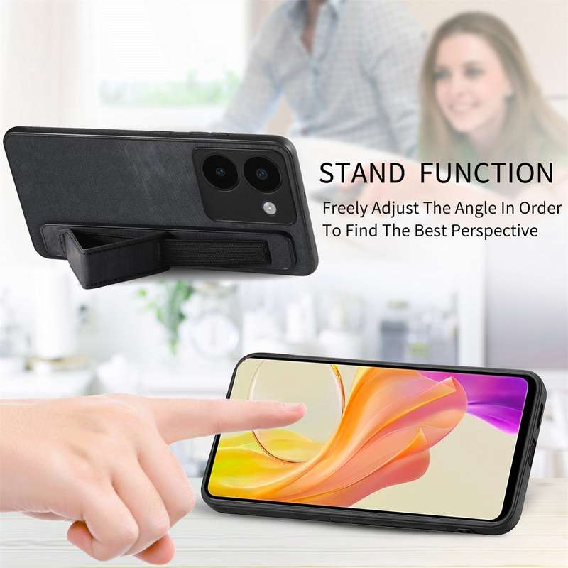 For vivo Y02S Retro Wristband Holder Leather Back Phone Case(Black)