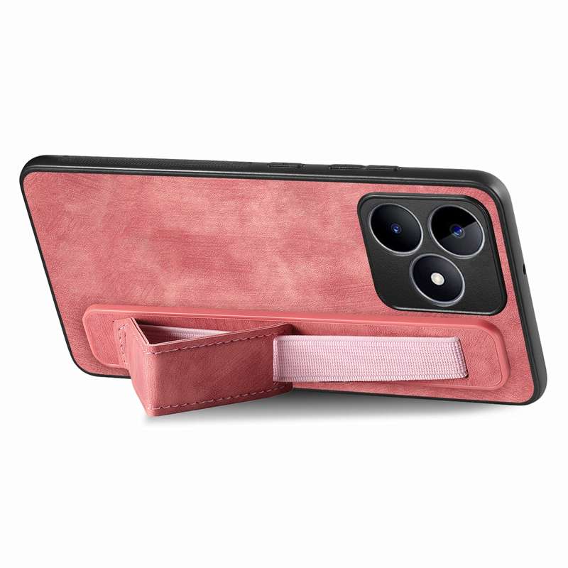 For Realme C67 4G Retro Wristband Holder Leather Back Phone Case(Pink)