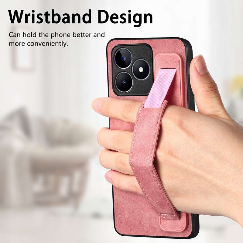 For Realme C67 4G Retro Wristband Holder Leather Back Phone Case(Pink)