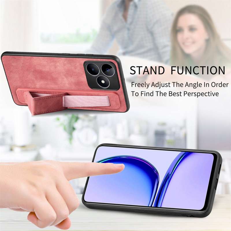 For Realme C67 4G Retro Wristband Holder Leather Back Phone Case(Pink)
