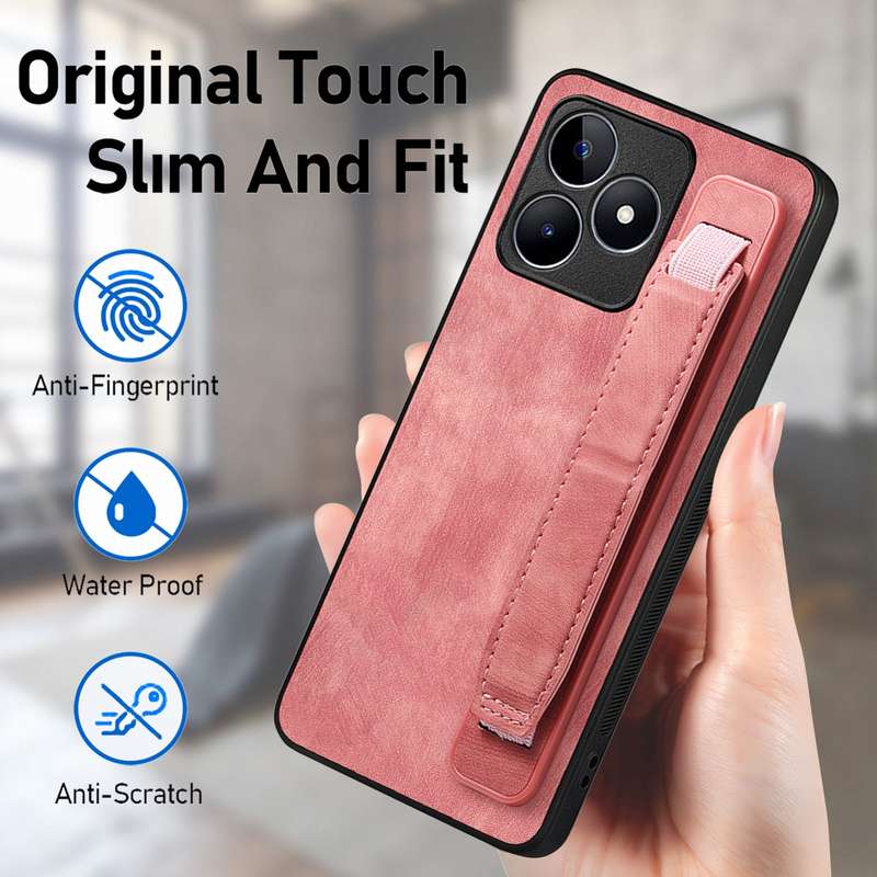 For Realme C67 4G Retro Wristband Holder Leather Back Phone Case(Pink)
