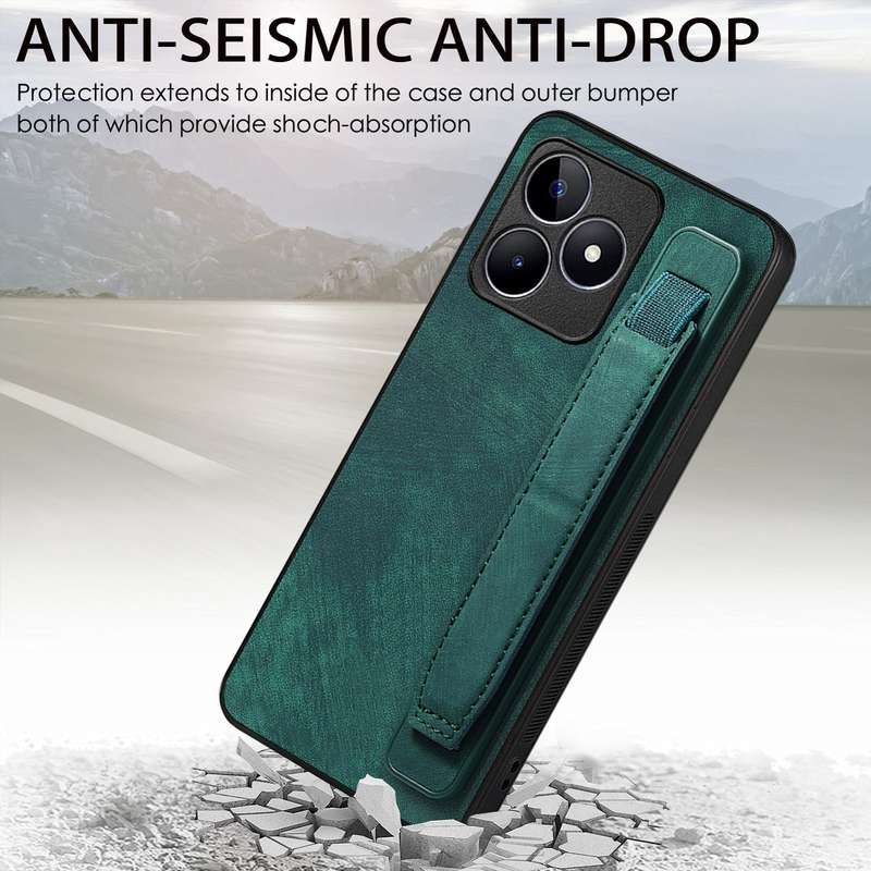 For  Realme C55 Retro Wristband Holder Leather Back Phone Case(Green)