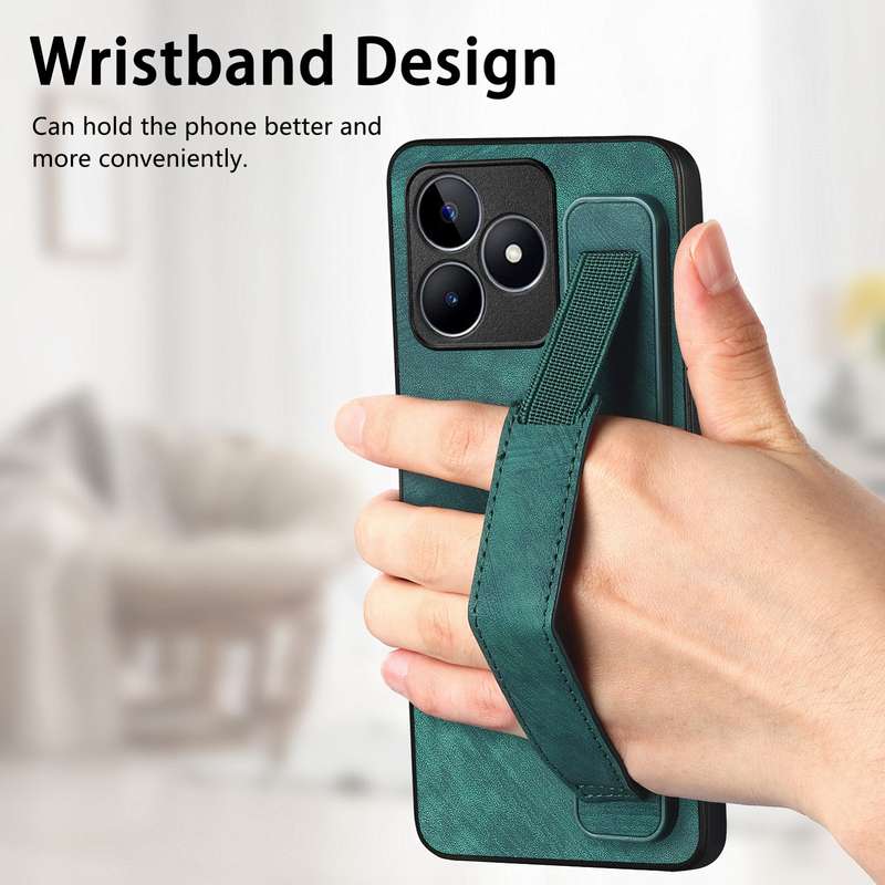 For  Realme C55 Retro Wristband Holder Leather Back Phone Case(Green)