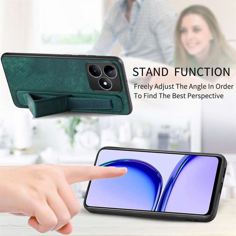 For  Realme C55 Retro Wristband Holder Leather Back Phone Case(Green)