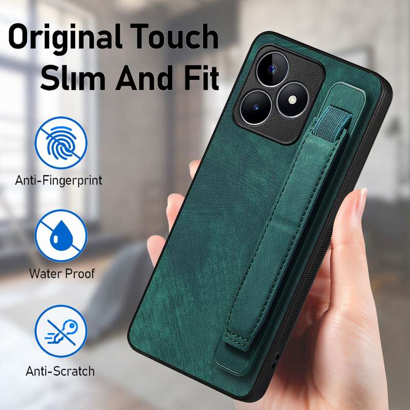 For  Realme C55 Retro Wristband Holder Leather Back Phone Case(Green)