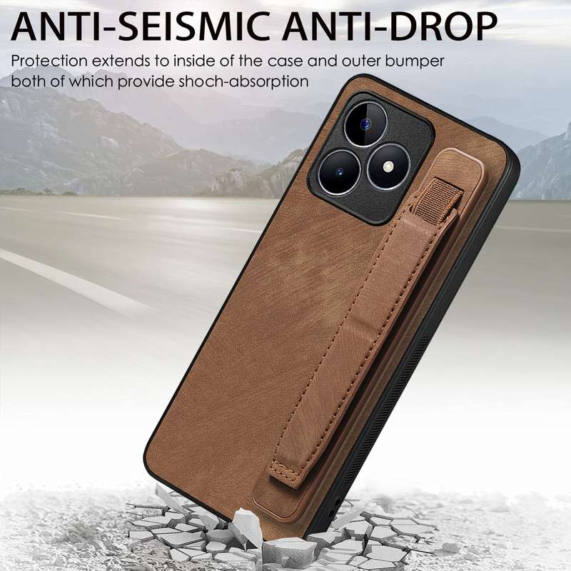 For Realme 10 4G Retro Wristband Holder Leather Back Phone Case(Brown)