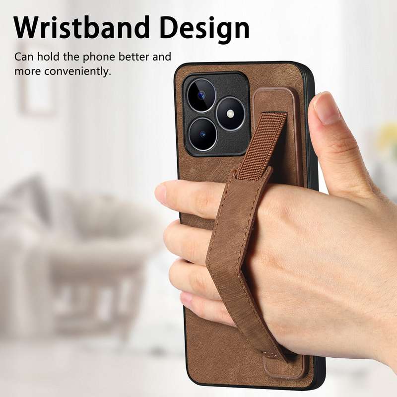 For Realme 10 4G Retro Wristband Holder Leather Back Phone Case(Brown)