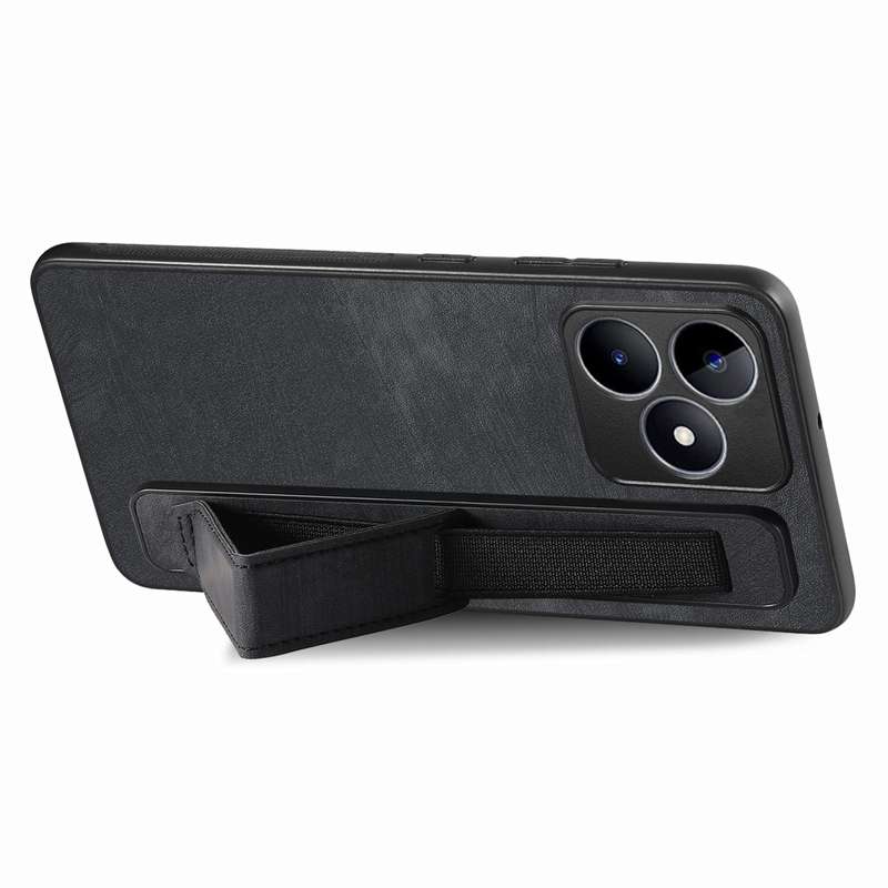 For Realme 9 Pro+ Retro Wristband Holder Leather Back Phone Case(Black)