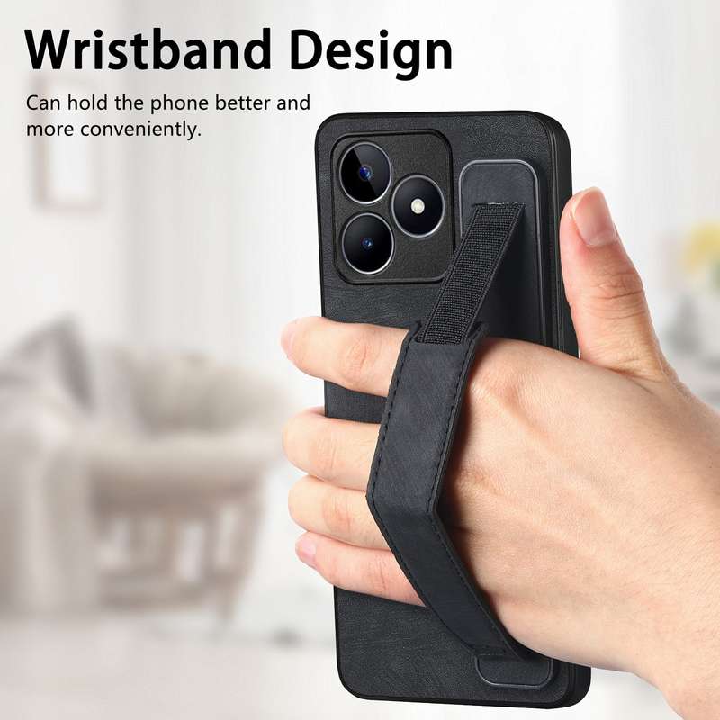 For Realme 9 Pro+ Retro Wristband Holder Leather Back Phone Case(Black)