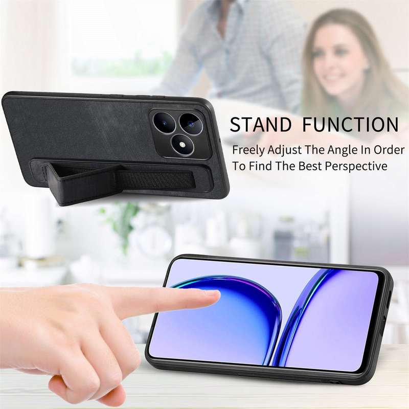 For Realme 9 Pro+ Retro Wristband Holder Leather Back Phone Case(Black)
