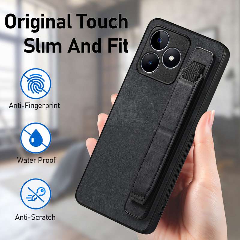For Realme 9 Pro+ Retro Wristband Holder Leather Back Phone Case(Black)