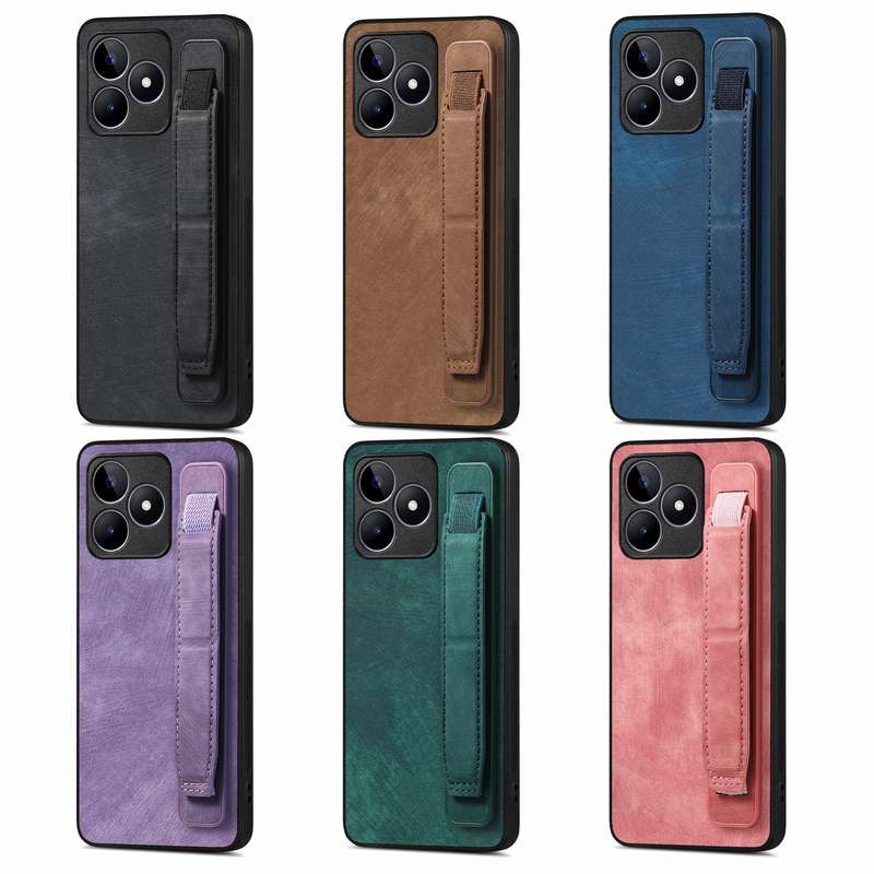 For Realme 9 Pro+ Retro Wristband Holder Leather Back Phone Case(Black)