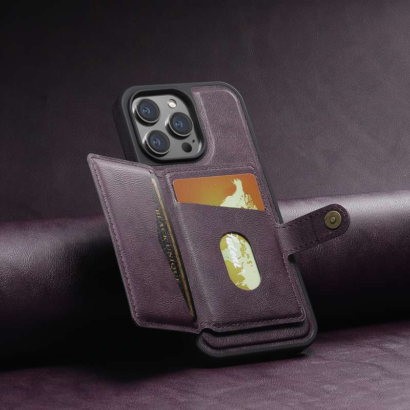 For iPhone 14 Suteni M1 Oil Wax MagSafe Detachable Horizontal Card Bag Phone Case(Purple)