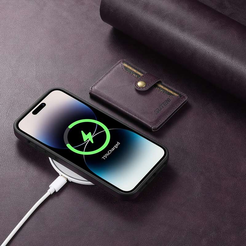 For iPhone 14 Suteni M1 Oil Wax MagSafe Detachable Horizontal Card Bag Phone Case(Purple)