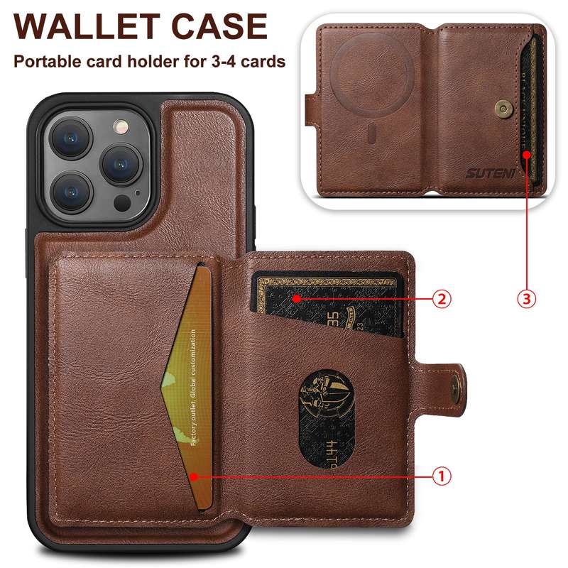 For iPhone 14 Suteni M1 Oil Wax MagSafe Detachable Horizontal Card Bag Phone Case(Purple)