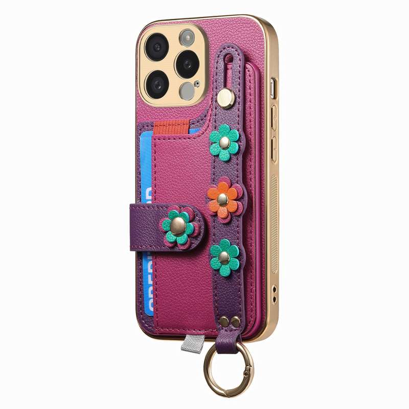 For iPhone 15 Stereoscopic Flowers Wristband Card Bag Phone Case(Purple)