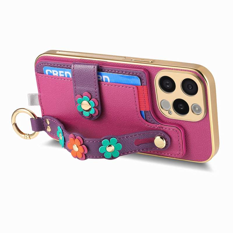 For iPhone 15 Stereoscopic Flowers Wristband Card Bag Phone Case(Purple)