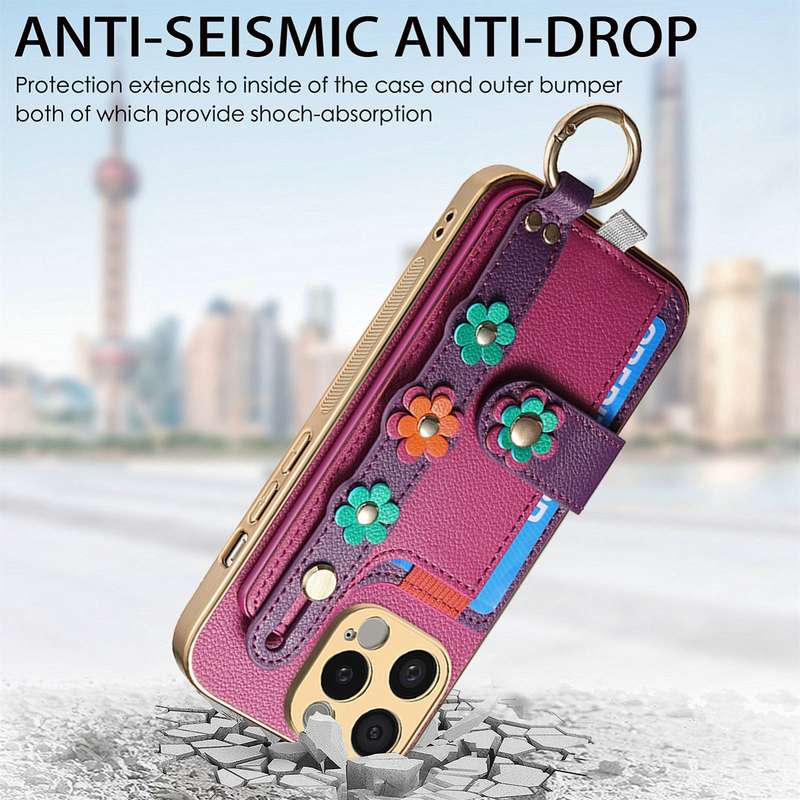 For iPhone 15 Stereoscopic Flowers Wristband Card Bag Phone Case(Purple)